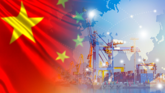 Chinese flag overlaid with cranes and map of points leading back to China